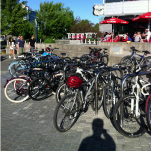 Bike rack is full at the Tap and Barrel on the Seawall in the Olympic Village. Safety in numbers: your bike probably won't be stolen from here