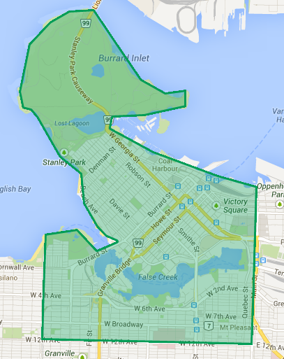 Proposed area for initial public bike share system in Vancouver